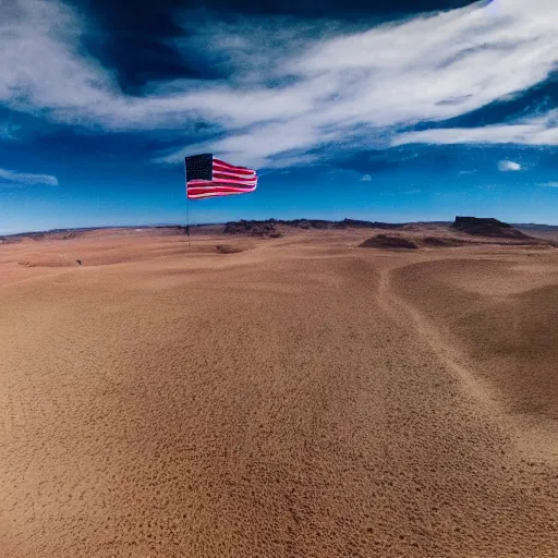 Image similar to gwenn - ha - du flag in the middle of a desert, gopro photograph, drone shot