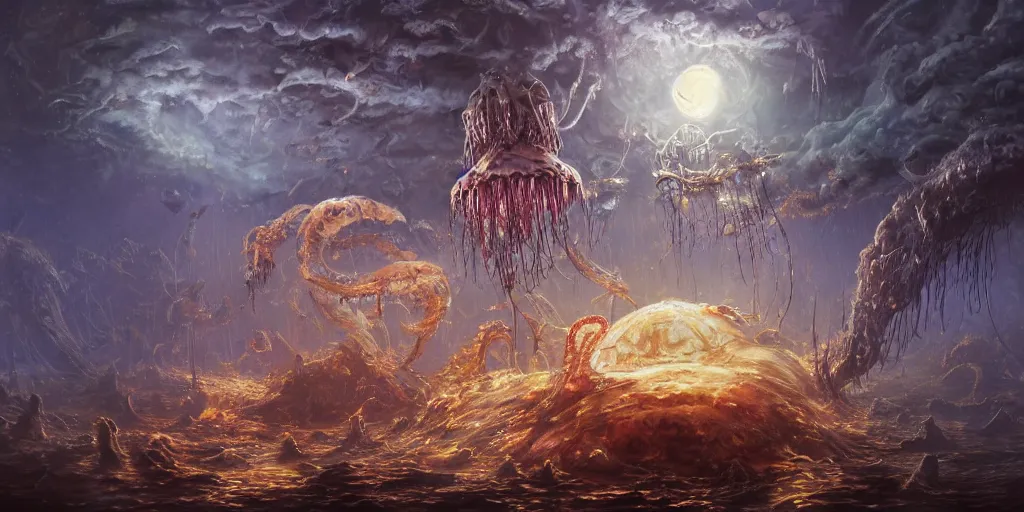 Image similar to concept art of giant translucent glowing jellyfishes, renaissance, divers helmet, lots of teeth, melting horror, round moon, rich clouds, fighting the horrors of the unknown, mirrors, very detailed, volumetric light, mist, grim, fine art, decaying, textured oil over canvas, epic fantasy art, very colorful, ornate, anato finnstark