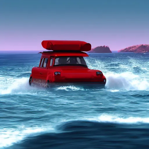 Prompt: red elephant car driving on the Pacific ocean, highly detailed, 8k, bordering on artstation,