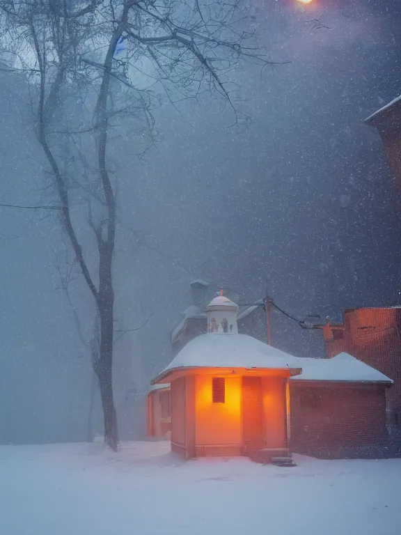 Image similar to product shoot of a snow globe of tiny soviet residential building, lights are on in the windows, cozy atmosphere, fog, cold winter, snowing, streetlamps with orange volumetric light, birches