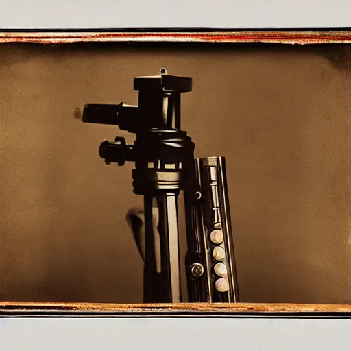 Image similar to Tintype photograph of a lightsaber and Star Wars blaster displayed in an ethnographic museum, archive material, anthropology, 1920s studio lighting.