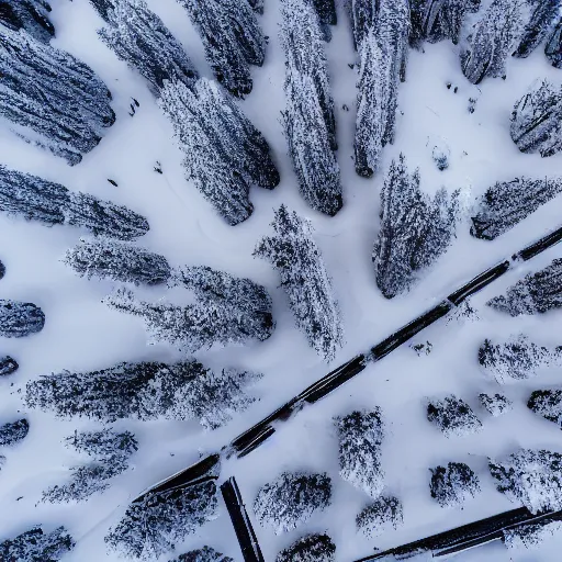 Image similar to aerial perspective frostpunk wood resources, a lot of snow, coast, abandoned