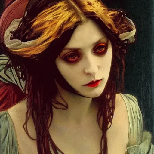 Image similar to A beautiful painting of a lady vampire, victorian, dracula, ominous, oil on canvas, photorealism, alphonse mucha, irwin penn, high definition, soft light