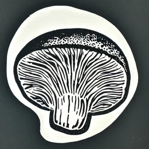 Image similar to a linocut engraving of an intelligent mushroom