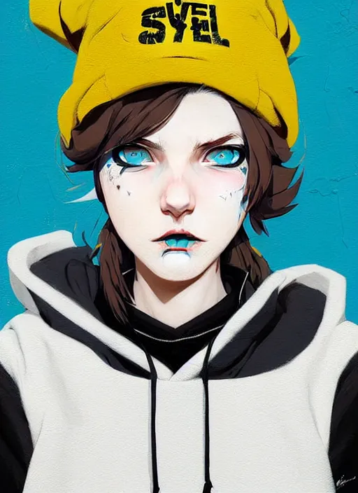 Image similar to highly detailed portrait of a sewer punk lady student, blue eyes, tartan hoody, hat, white hair by atey ghailan, by greg tocchini, by jesper ejsing, gradient yellow, black, brown and cyan color scheme, grunge aesthetic!!! ( ( graffiti tag wall ) )