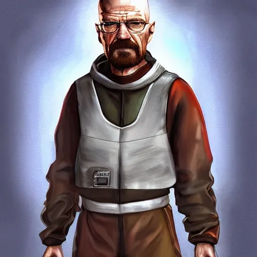 Prompt: walter white as gordon freeman wearing the hev suit, digital painting, game concept art