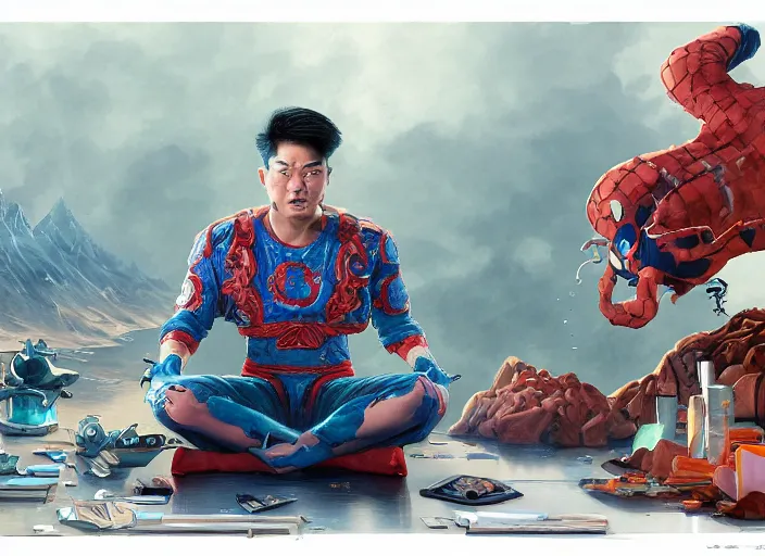 Image similar to an insanely detailed painting of an asian man wearing a homemade superhero costume, sitting at a desk, staring seriously at the computer and typing, in the style of peter mohrbacher, james jean, dramatic lighting and composition, surreal background, octane render, pixar, trending on artstation, concept art, comic book, view from behind, 8 k