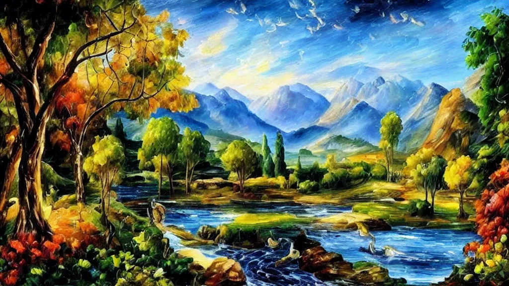 Prompt: the garden of eden with rivers and mountains in the style of afremov.