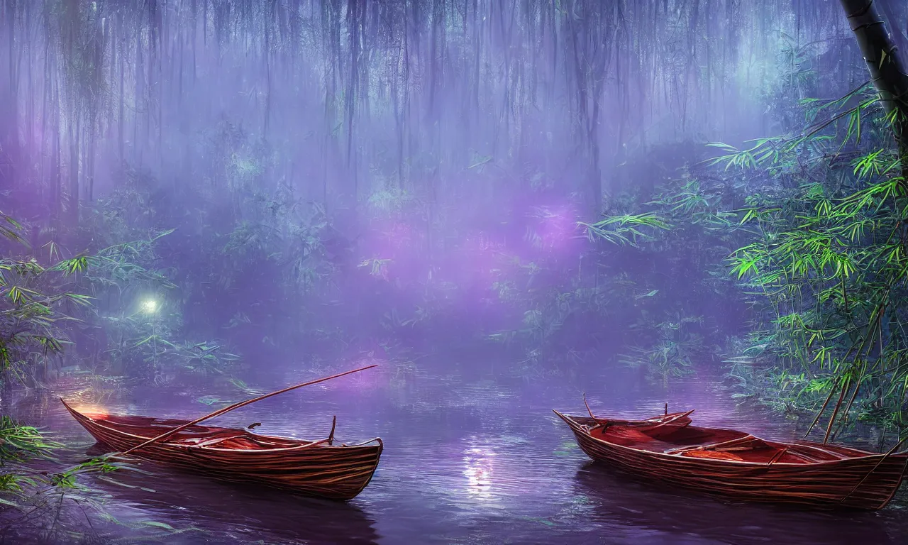 Prompt: A beautiful bamboo boat floating in the forest river, vibrant bright cyberpunk color scheme, hyperdetailed twigs and plants, moonlit nightscape, bioluminiscent fireflies, layered fog, moody lighting, photorealistic digital arts, sharp, well focused, artstation HD, 8K