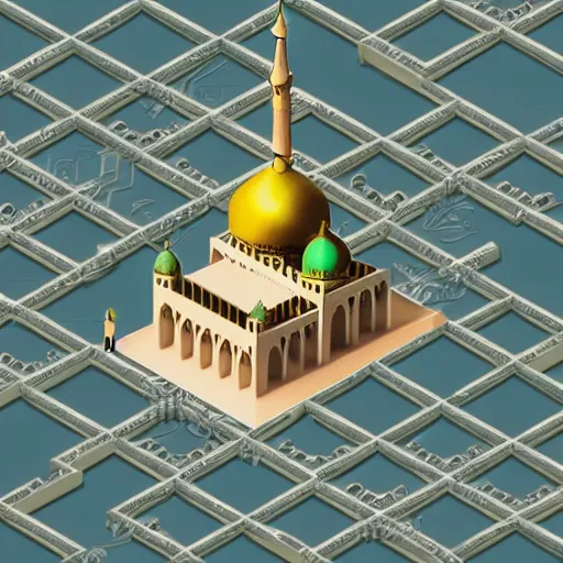 Prompt: a digital matte painting of a complex isometric islamic architecture mosque made of circuit boards in a busy modern city #isometric