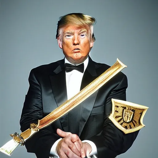 Image similar to photo of donald trump, kodak portra 4 0 0, wearing a suit of knight ’ s armor, two arms, two legs, symmetrical face, donald trump ’ s face, donald trump, donald trump holding a mythical sword, knights armor