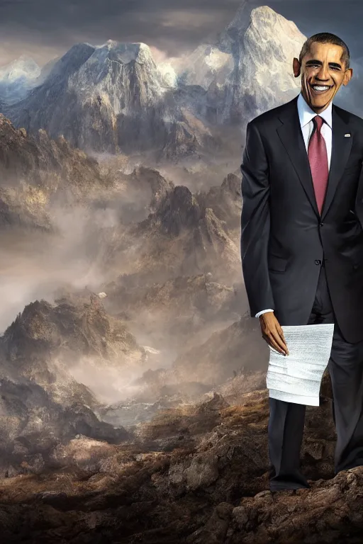 Prompt: obama nervously standing next to a mountain made of papers, photorealistic, intricate, 8 k highly professionally detailed, hdr, cgsociety