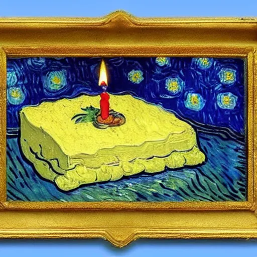 Prompt: birthday cake painting by van gogh