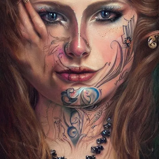 Image similar to photorealistic painting of a female tattooed face with piercings, realistic eyes, symmetric face, beautiful bone structure, dark blonde long hair, painting by gaston bussiere