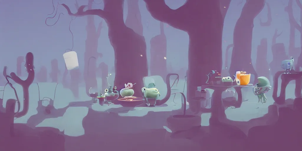 Prompt: cute monsters drinking tea by Goro Fujita and Simon Stalenhag , 8k, trending on artstation, hyper detailed, cinematic