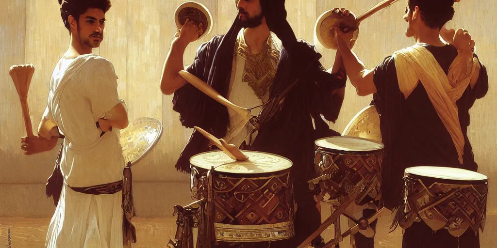 Prompt: a middle eastern drummer playing a drumset, the cymbals are replaced by dishes, elegant, highly detailed, digital painting, artstation, concept art, smooth, sharp focus, illustration, art by artgerm and greg rutkowski and alphonse mucha and william - adolphe bouguereau