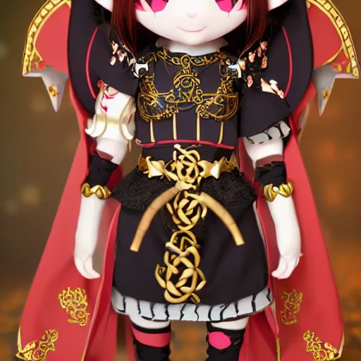 Prompt: cute fumo plush of a goat girl with horns, anime girl, tribal outfit with intricate celtic knot patterns, golden pauldrons, gothic maiden princess, artstation, vray