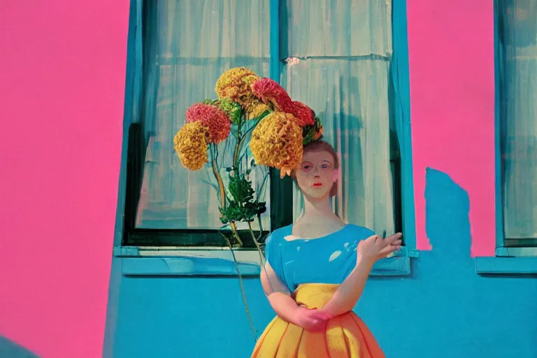 Image similar to giant flower head, girl standing, 1 9 6 0 window, surreal photography, symmetry, mid century, flat perspective, bright colours, blue sky, realistic, wes anderson