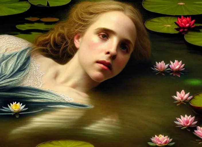 Prompt: 8K, soft light, warm volumetric lighting, highly detailed, brit marling style 3/4 ,view from above of close-up portrait photo of a beautiful woman how pre-Raphaelites painter, face is emerging of a pond with beautiful water lilies, she has a beautiful lace dress and hair are intricate with highly detailed realistic beautiful flowers , Realistic, Refined, Highly Detailed, natural outdoor soft pastel lighting colors scheme, faded colors, outdoor fine art photography, Hyper realistic, photo realistic,warm lighting,
