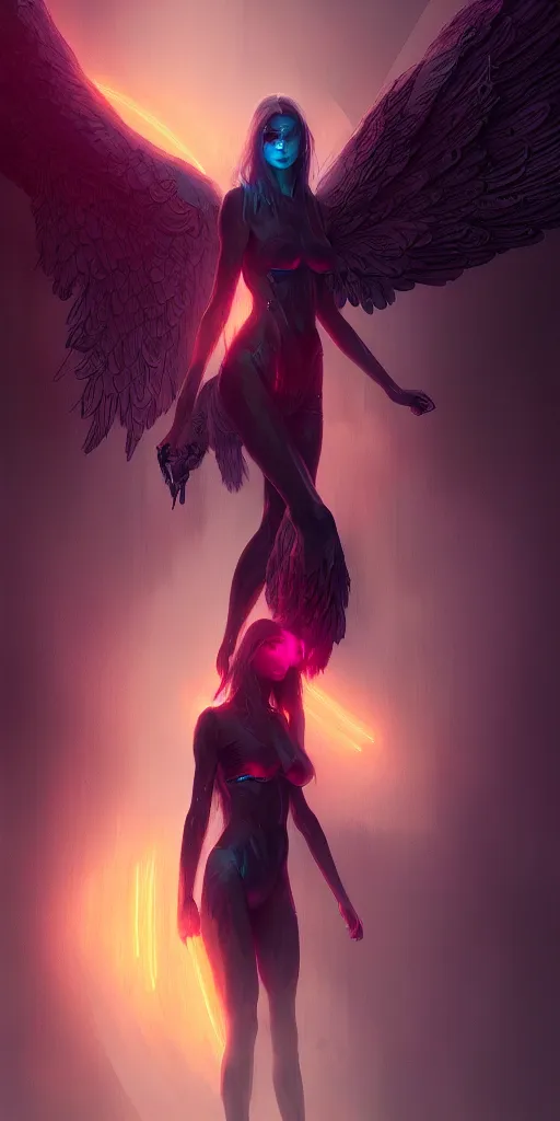 Image similar to alterd carbon, angel protecting woman, neon, detailed intricate render, dark atmosphere, detailed illustration, hd, 4 k, digital art, overdetailed art, by greg rutkowski, by loish, complementing colors, trending on artstation, deviantart