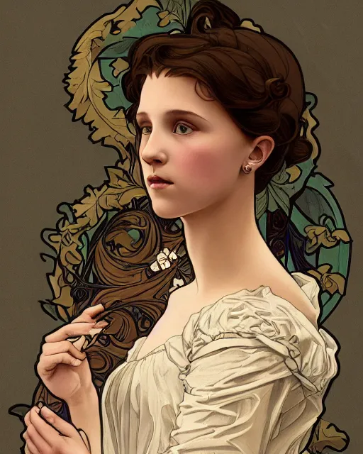 Prompt: an art nouveau painting of a girl resembling alicia vikander or millie bobby brown in a wedding dress, highly detailed, intricate, artstation, by alphonse mucha