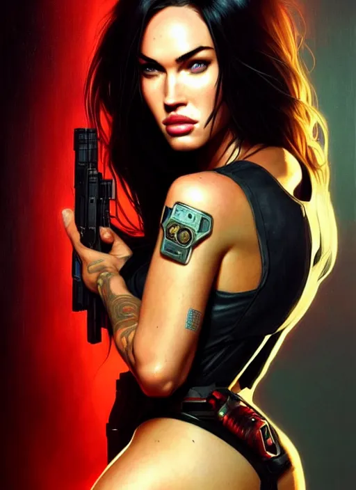 Image similar to portrait of megan fox as v, cyberpunk, gun, science fiction, cd project red, intrigante, headshot, highly detailed, digital painting, artstation, concept art, sharp focus, cinematic lighting, illustration, art by artgerm and greg rutkowski, alphonse mucha, cgsociety