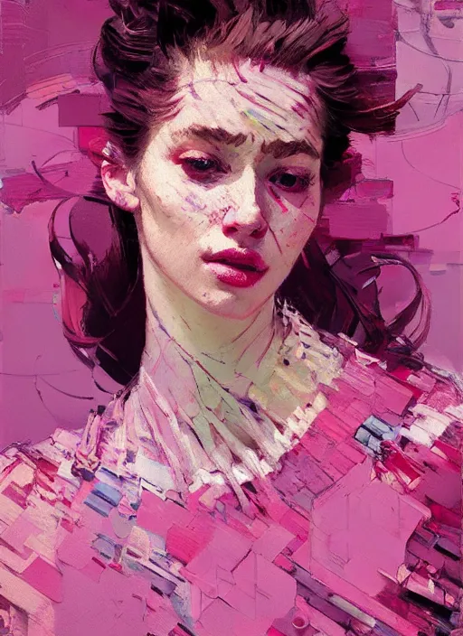 Prompt: portrait of a beautiful girl, happy, eyes closed, open mouth, shades of pink, beautiful face, rule of thirds, intricate outfit, spotlight, by greg rutkowski, by jeremy mann, by francoise nielly, by van gogh, digital painting