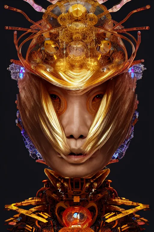 Image similar to asura from chinese myth, ghost, gorgeous and huge head ornaments, dystopian, cyberpunk, organic fractal mycelum and fungi, mecha, halfturn portrait of a big crystal face made of crystals half - turn, ominous, intricate, studio, art by anthony macbain + greg rutkowski + alphonse mucha, concept art, 4 k, sharp focus