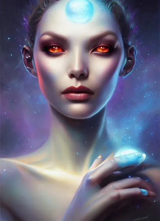 Prompt: a beautiful alien woman with sapphire skin, painted by artgerm and tom bagshaw, fantasy art, dramatic lighting, highly detailed oil painting