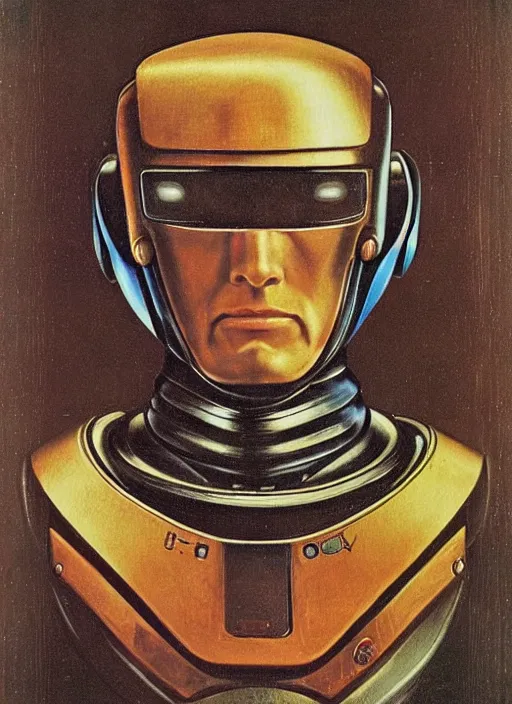 Image similar to a portrait of Robocop by Jan van Eyck