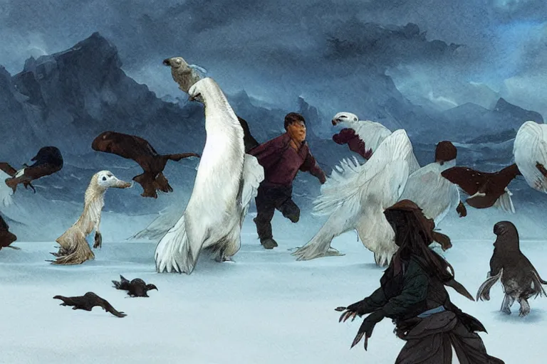 Prompt: a pack of feathered velociraptors hunting a baby harp seal at dawn, ominous intent, water color, art by artgerm and greg rutkowski and alphonse mucha and jin xiaodi and anthony devine