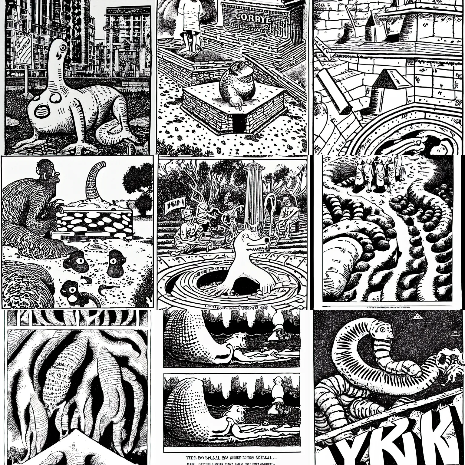 Prompt: digging up da sorry knish plinth replicas of the eternal worm, b + w screentone artwork by gary larson