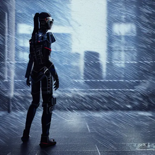 Prompt: An epic fantastic ultrarealism comic book style portrait painting of a female cyberpunk armor fighter, black and blue silver color armor, cyberpunk feel raining at tokyo rooftop, Concept world Art, unreal 5, DAZ, 8k, hyperrealistic, octane render, cosplay, RPG portrait, dramatic lighting, rim lights