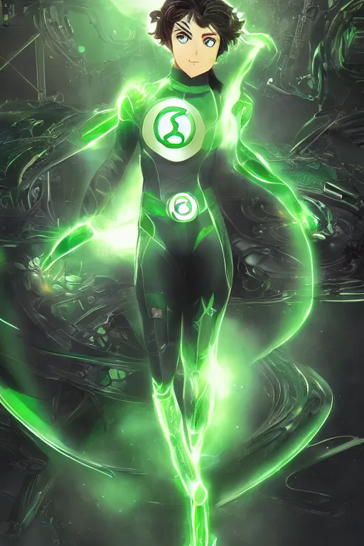 Image similar to anime key visual of a beautiful young female green lantern!! intricate, green and black suit, glowing, powers, dc comics, cinematic, stunning, highly detailed, digital painting, artstation, smooth, hard focus, illustration, art by artgerm and greg rutkowski and alphonse mucha