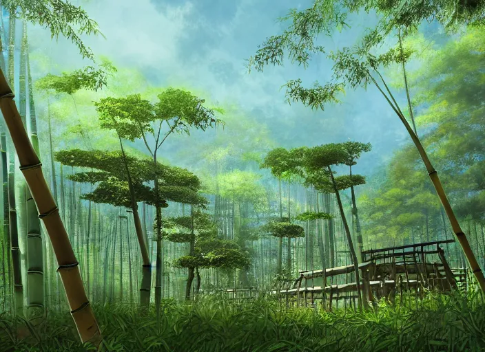 Image similar to deep in a japanese bamboo forest, ancient ruined temple in distance, sunny, cartoony, sketched, mid day, realistic lighting, by ghibli studio, arcane, wild rift, trending on artstation, 4 k, hd