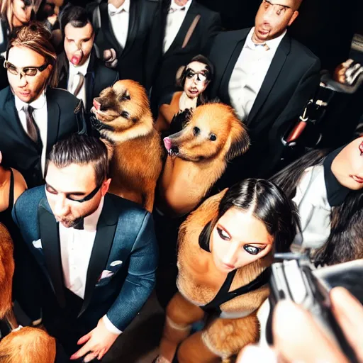 Image similar to cinematic shot of a group of anthropomorphic cute puppies wearing suits walking into a nightclub surrounded by beautiful women and bodyguards, 8k, dslr, suave,