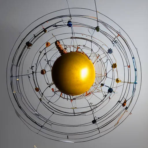 Image similar to a kinetic sculpture of this solar system, sun, orrery, canon 5 d 5 0 mm lens, papier - mache, studio, circa 2 0 2 5