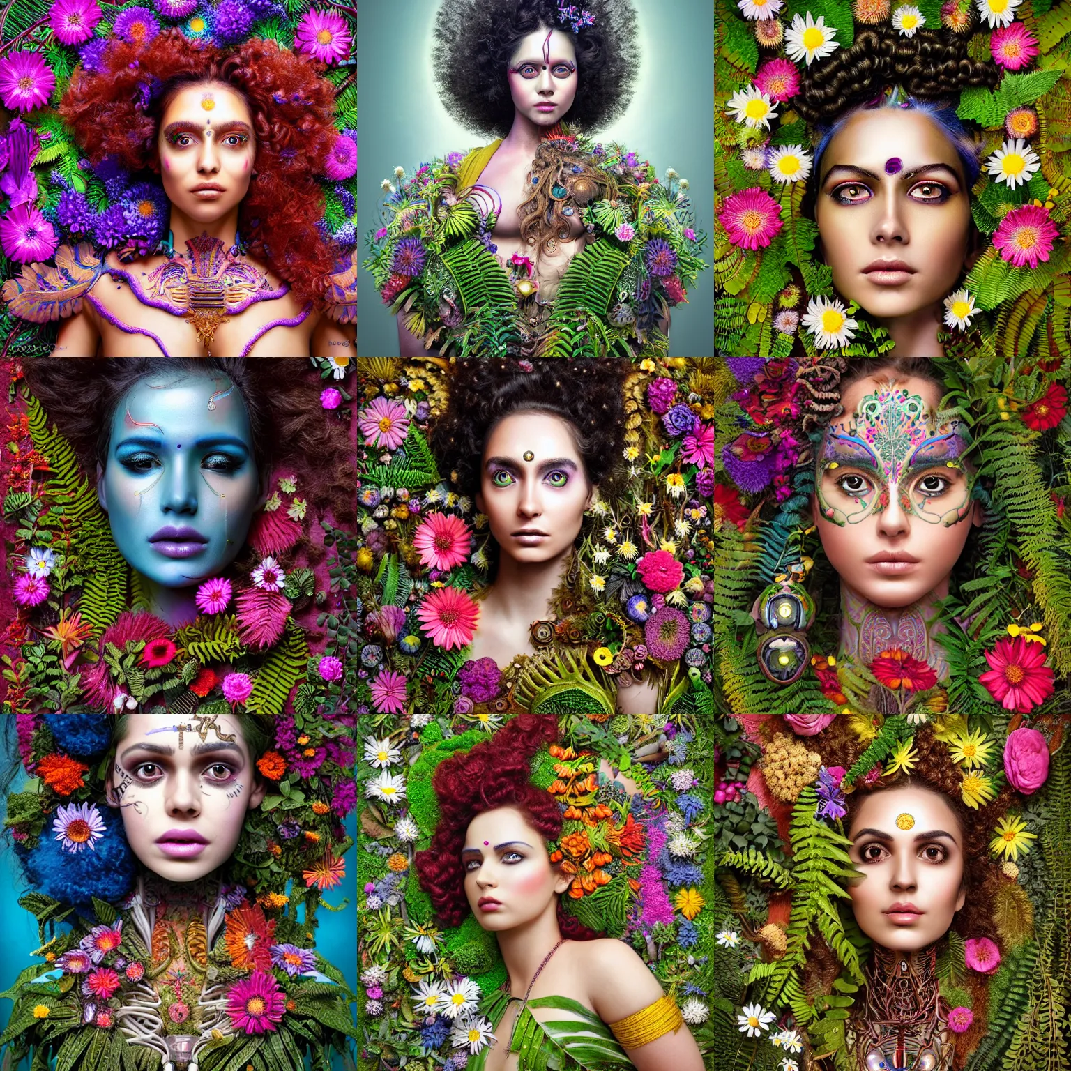 Prompt: a beautiful intricate fine art portrait photo of an indian cyborg with bionic implants, epic curly hair spread out around her lined with beautiful colorful flowers and ferns, lying on a bed of daisies, by natalie shau and james christensen, masterpiece!, top view, studio lighting, golden ratio composition, 3 5 mm lens, deep depth of field, artstation, 8 k