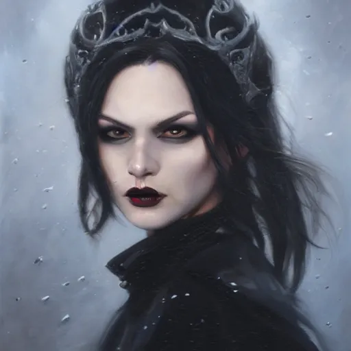 Image similar to furious dark haired women, portrait by tyler jacobson, steve argyle, wearing black coat, black makeup, ice mage, shooting ice, oil painting,, fantasy artwork, fantastic artwork, 4 k, trending on artstation