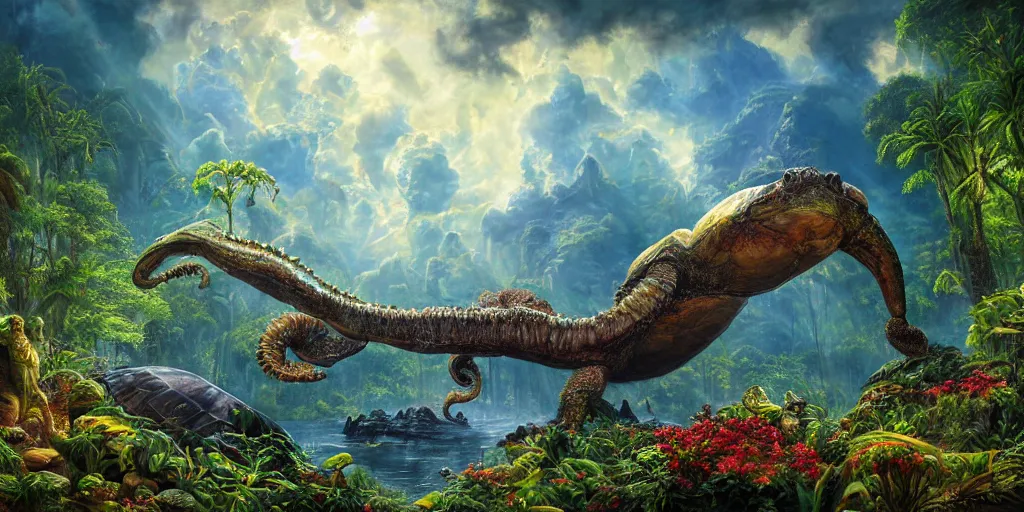 Image similar to fantasy oil painting, alien spacecraft, outer worlds, great leviathan, turtle cephalopod terrapin reptilian pachyderm amphibian hybrid, rainforest mountains, lush plants flowers, epic natural light, bright clouds, luminous sky, bright cinematic key lighting, michael cheval, michael whelan, vray, 8 k hd