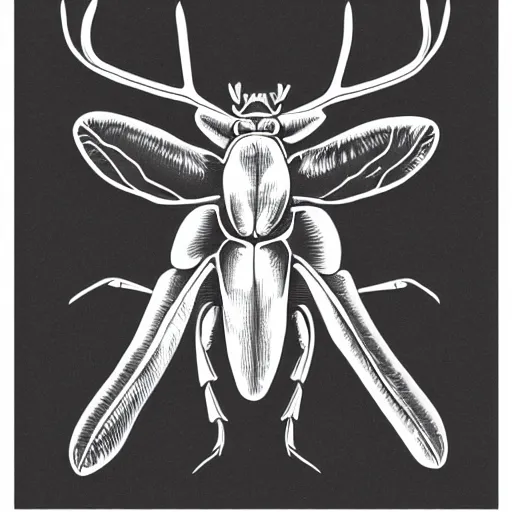 Image similar to stag beetle, black and white, botanical illustration, black ink on white paper, bold lines