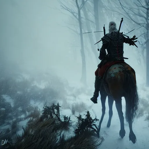 Image similar to the wild hunt, spectres of the night, otherworldly wraiths, bad omens, riding, blizzard chaotic storm, enchanted forest, fog, snow, ice, dreamy, witcher 3, cinematic, breathtaking, vfx, physically based rendering, unreal 5, cgi, concept art, trending in artstation, 8 k, uhd, dark fantasy