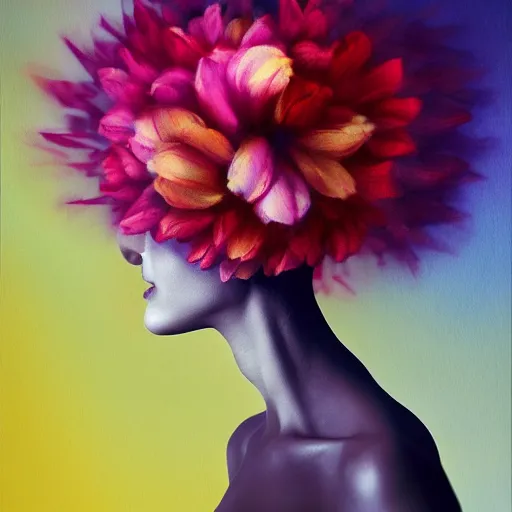 Image similar to huge flower as head, woman standing in a luxury apartment, surreal photography, dramatic light, impressionist painting, digital painting, artstation, georgia o'keeffe