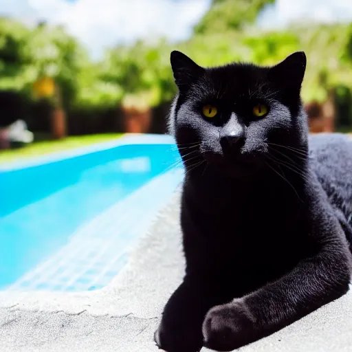 Prompt: a picture of an angry black fuzzy cat with big sharp teeth and yellow eyes sitting by a pool on a sunny day