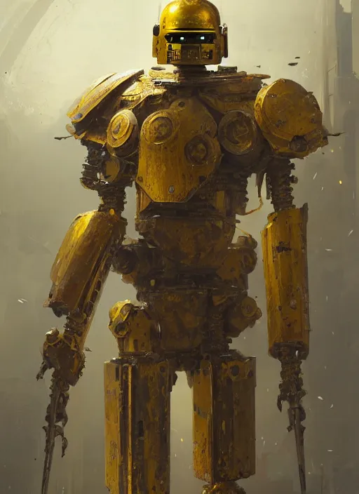 Image similar to human-sized strong intricate humanoid yellow pit droid carrying very detailed perfect antique great sword and beautiful large paladin shield, pancake short large head, exposed metal bones, painterly mecha, by Greg Rutkowski