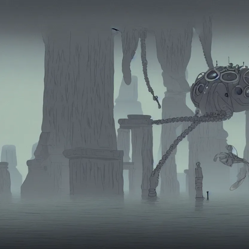 Image similar to a realistic cell - shaded studio ghibli concept art from paprika ( 2 0 0 6 ) of a flying intelligent dull grey mechanical octopus from close encounters of the third kind ( 1 9 7 7 ) in a flooded monument valley stonehenge. very dull colors, wide shot, hd, 4 k, hq