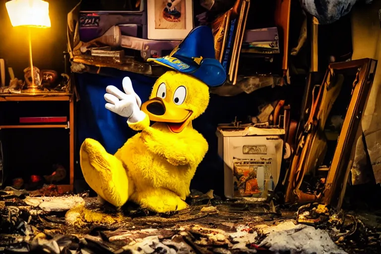 Prompt: donald duck hide in dark corner of dirty messy room, smiling, dark, flash light, dream core, horror