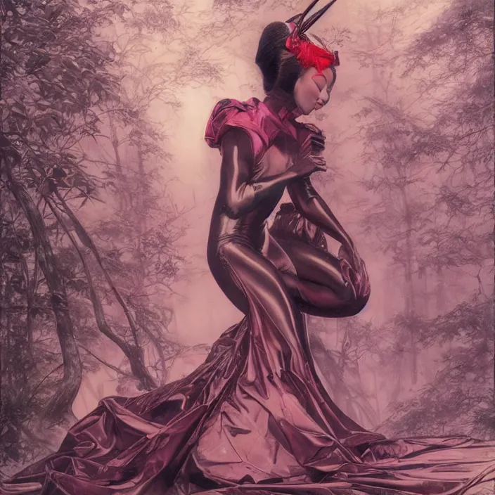 Prompt: hypermuscular geisha, full body, latex, rubber, fast, ektachrome, electric, flowing motion, aerodynamic, fashion shoot, digital art, smooth, sharp focus, art station, art by wayne barlowe and ivan shishkin and adolph menzel