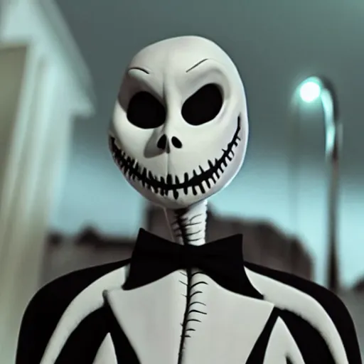 Image similar to pete davidson as jack skellington, high definition, nighttime, high detailed, movie still,