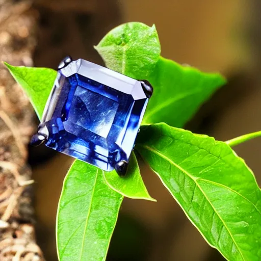 Image similar to a plant growing cut sapphire gemstones instead of fruit